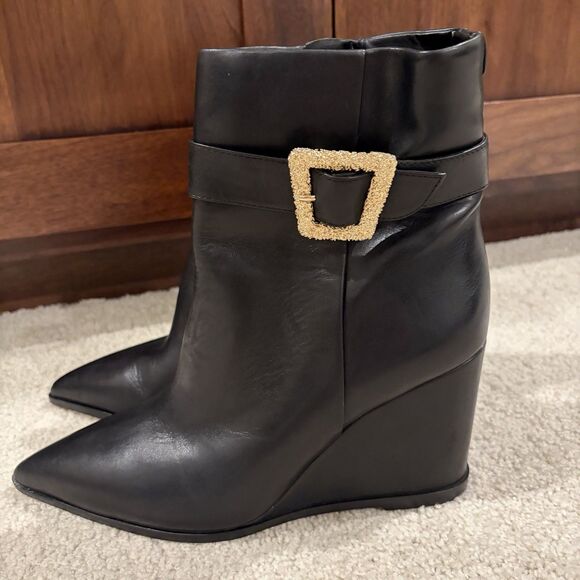 NEW Sam Edelman Women's Weslie Buckle Wedge Leather Black Booties Boots Size 9.5 - Picture 10 of 10